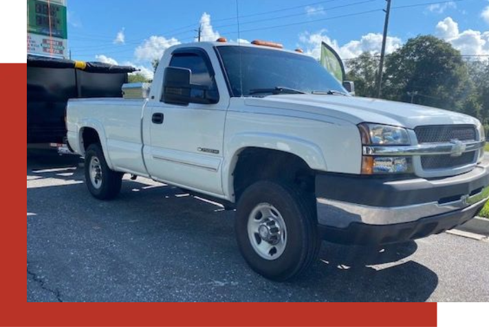 A white truck is parked on the side of the road.